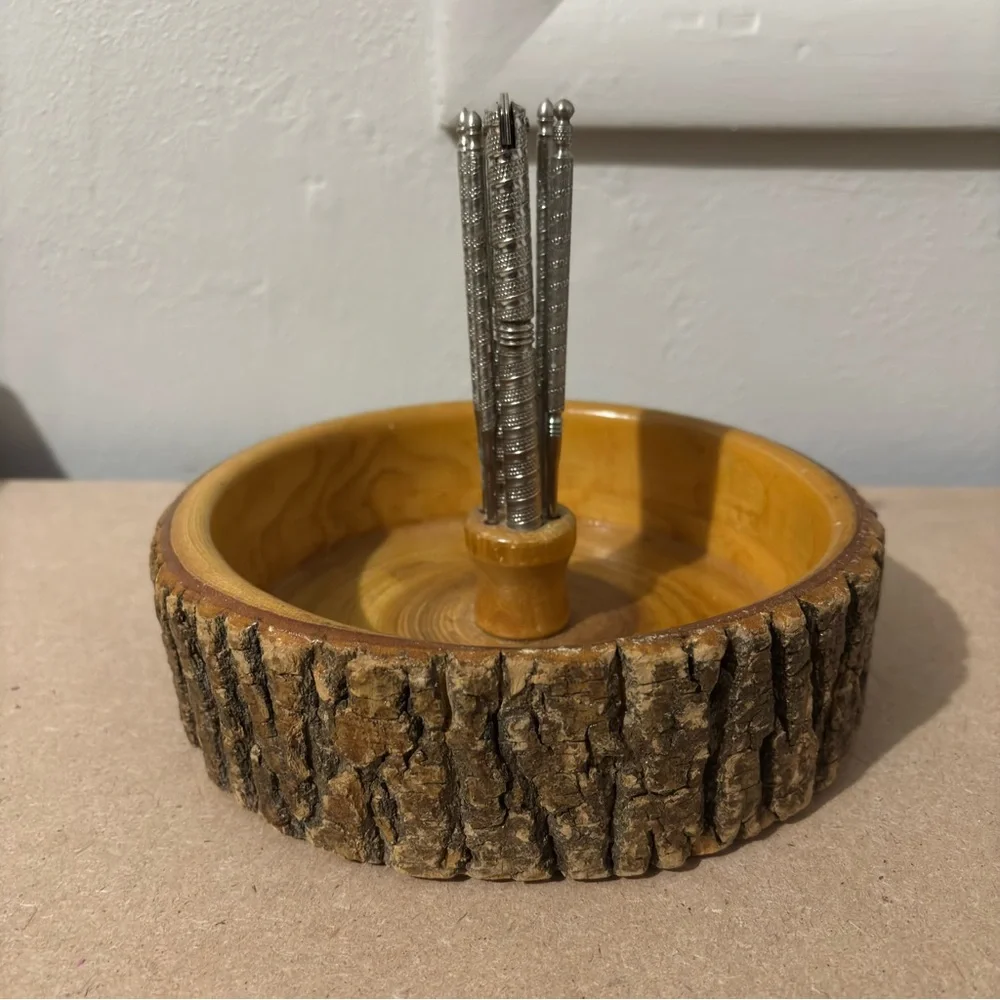 Vintage MCM Nut Cracker Bowl Live Edge Wood Set Picks Rustic Bark Handcrafted